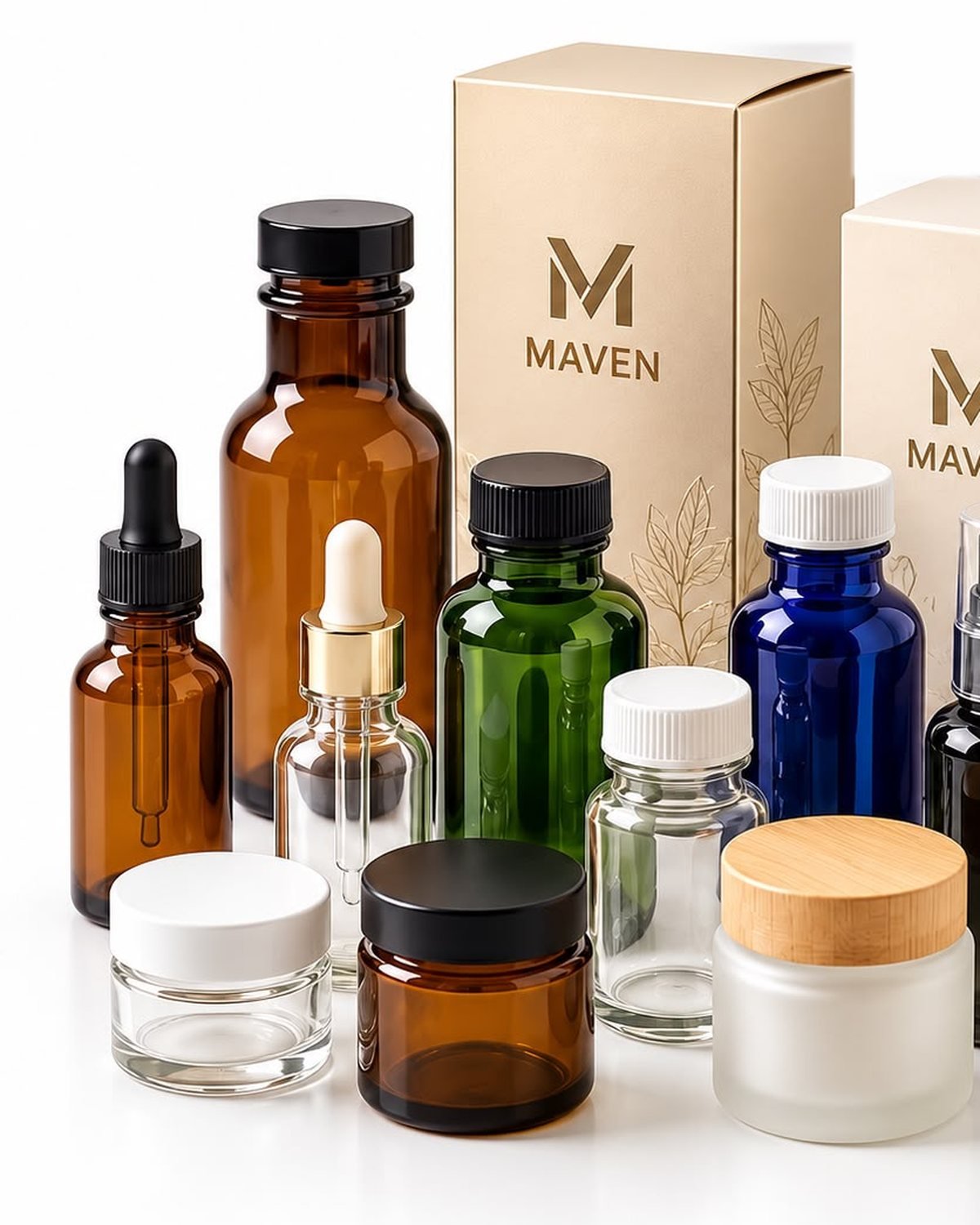 Maven glass bottles, droppers and jars with Maven-branded folding cartons