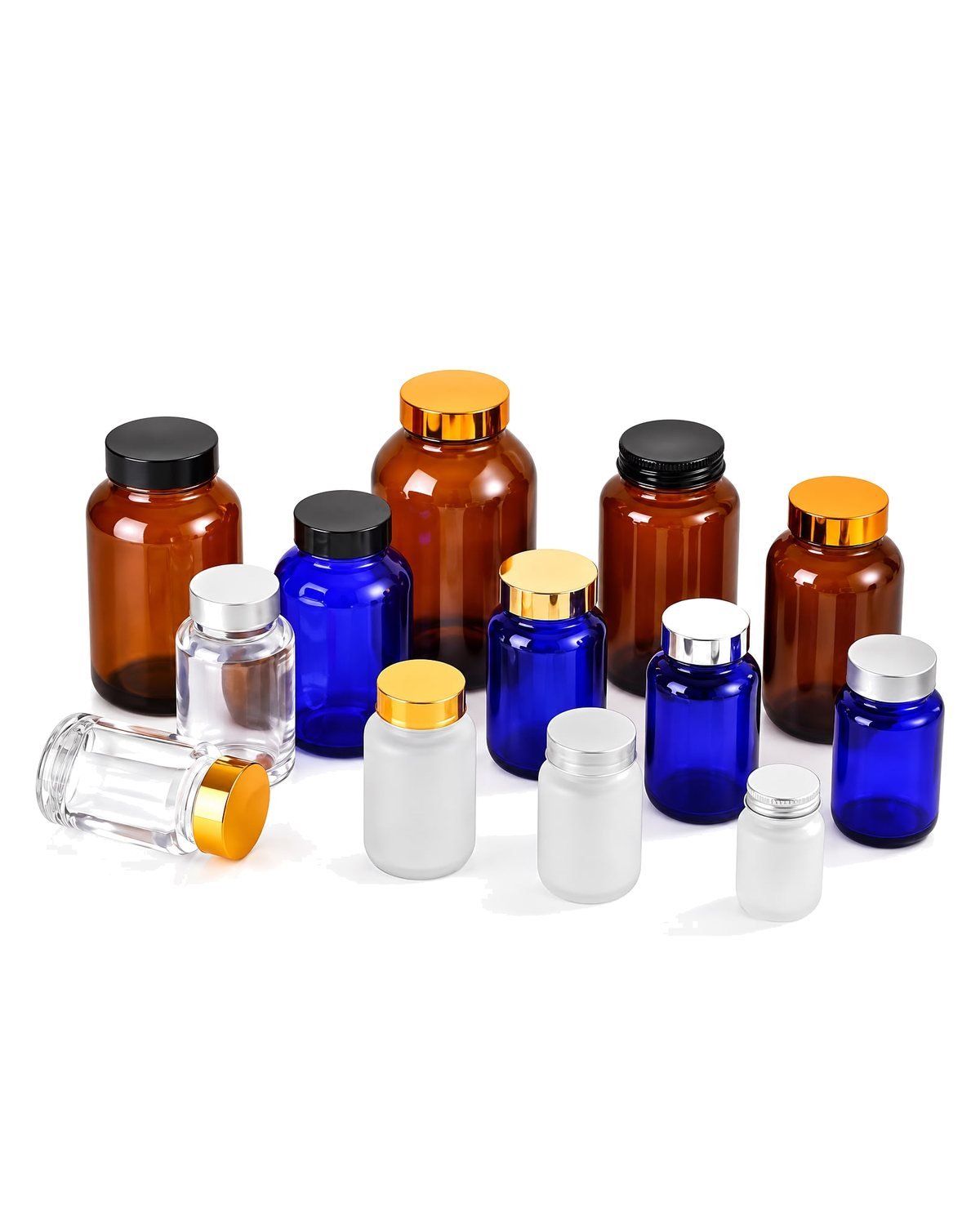 Maven amber, cobalt blue and clear supplement bottles
