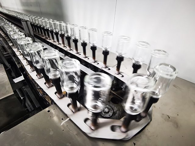 Glass bottles on an inspection line