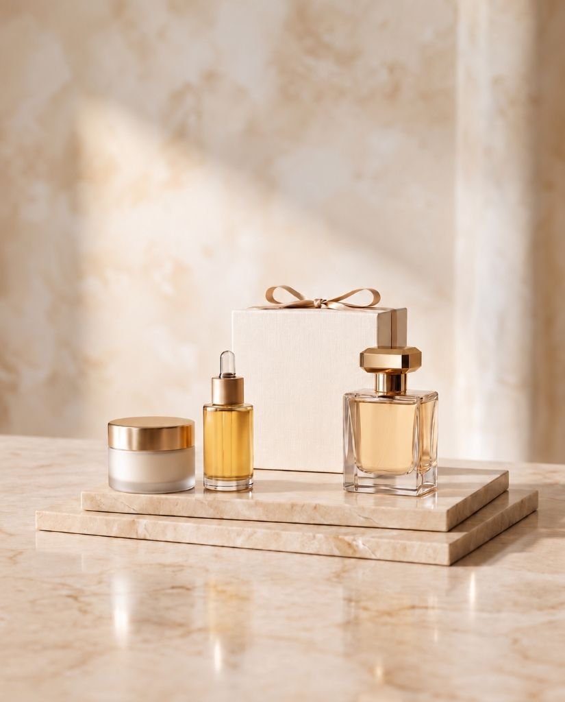 Perfume bottle, serum bottle and cream jar with a ribboned gift box