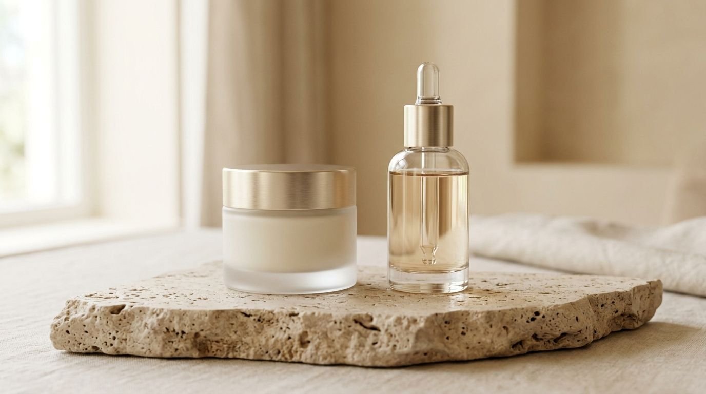 Glass jar and serum bottle on natural stone